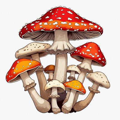 Cluster of Red Fly Agaric Mushrooms