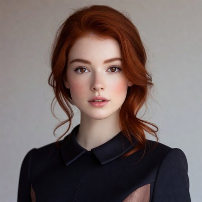 Redhead woman in black collar dress