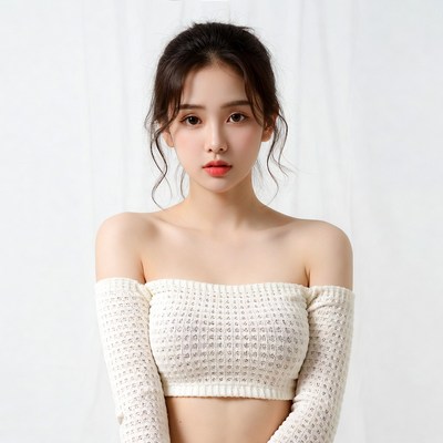Asian woman in off-shoulder knit top