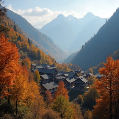 Autumn Village in Snowy Mountain Valley
