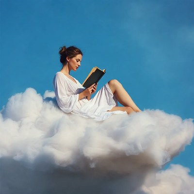 Woman reading book on clouds
