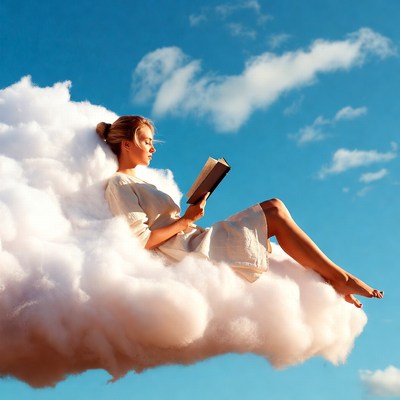Woman reading book on clouds