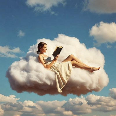 Woman reading book on clouds