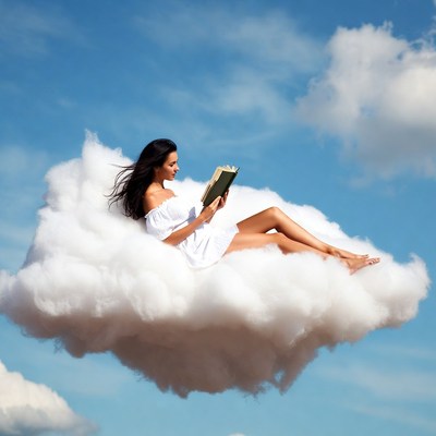 Woman reading book on clouds