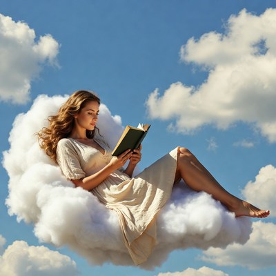 Woman reading book on clouds