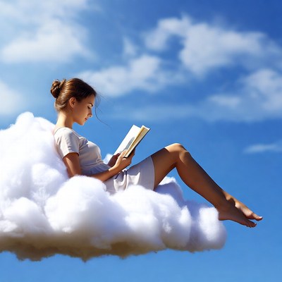 Woman reading book on clouds