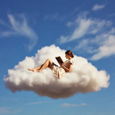 Woman reading book on clouds