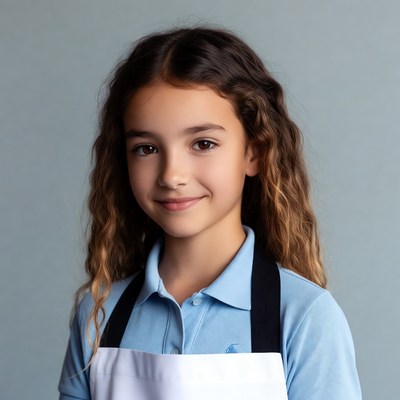 Young girl in school uniform with apron