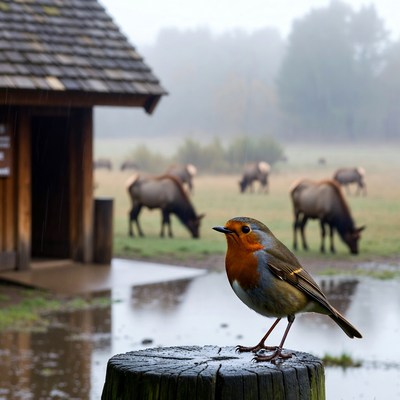 Robin on stump near elk in fog