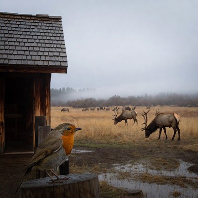 Robin and Elk Near Wooden Cabin