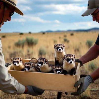 Two men holding ferret box outdoors