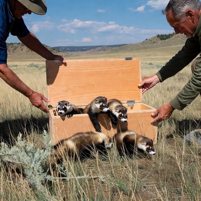 Two men holding ferrets in wooden box