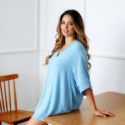 Latina woman in blue dress leaning on table
