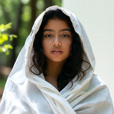 Young woman in white hood forest background