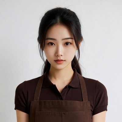 Asian woman in brown apron