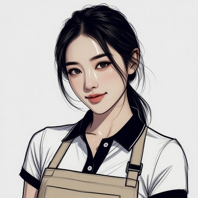 Asian woman in white uniform apron