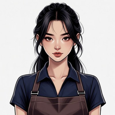 Asian woman in navy uniform apron