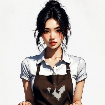 Asian woman in white shirt brown apron