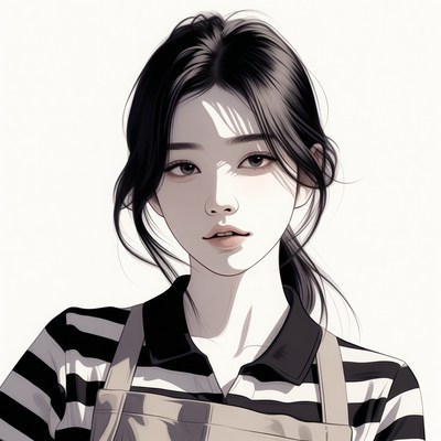 Asian woman in striped apron