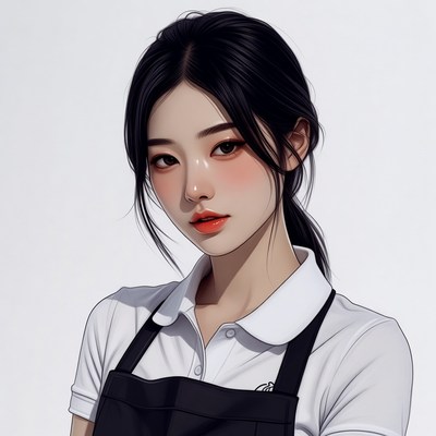 Asian woman in white shirt black apron