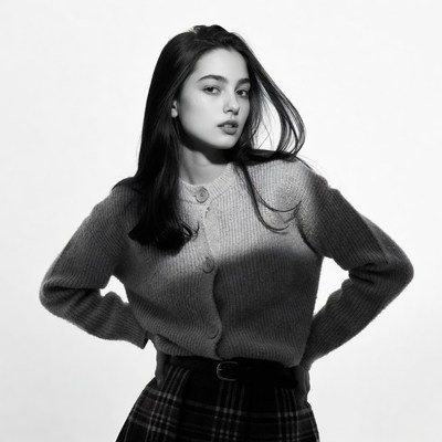 Woman in sweater and plaid skirt