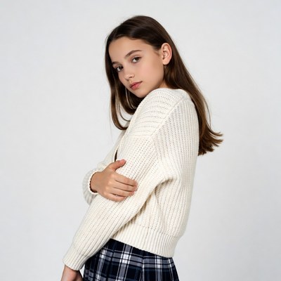 Girl in white cardigan and plaid skirt
