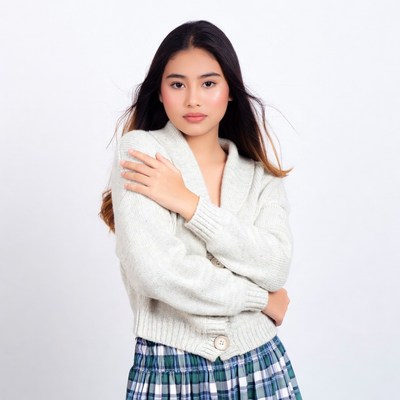 Asian girl in cardigan and plaid skirt