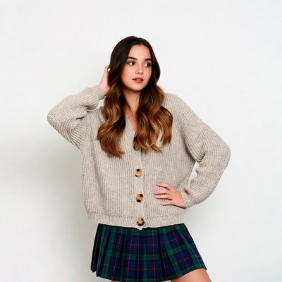 Woman in beige cardigan and plaid skirt