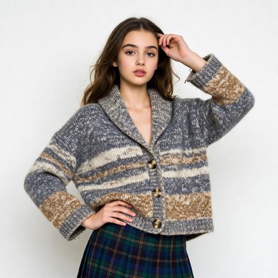 Young woman in striped cardigan and plaid skirt