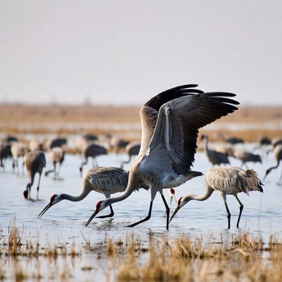 Sandhill Cranes Foraging in Marsh