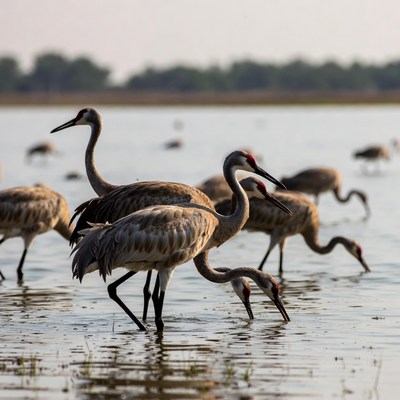 Sandhill Cranes Foraging in Shallow Water