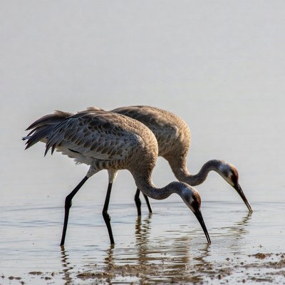 Two cranes drinking water