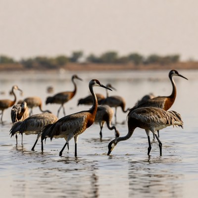 Flock of Demoiselle Cranes in Water