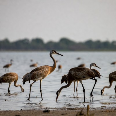 Sandhill Cranes Foraging in Shallow Water