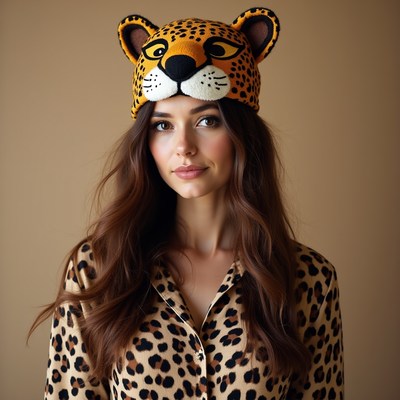 Woman wearing leopard hat and pajamas