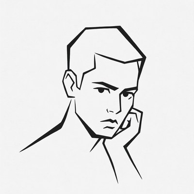 Geometric man thinking with hand on chin