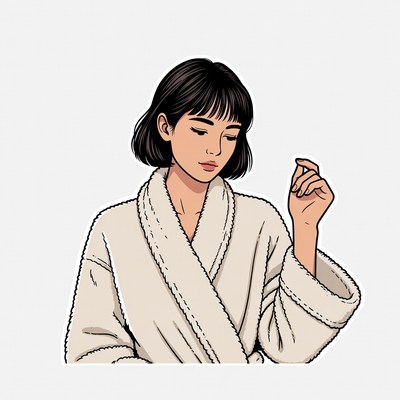 Asian woman in white bathrobe