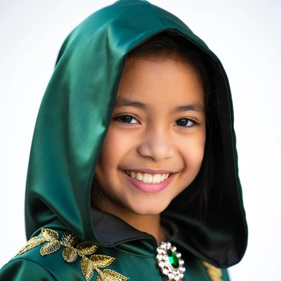 Asian girl in green hooded costume