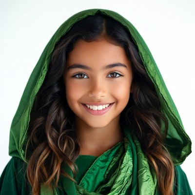 Girl smiling in green hooded scarf