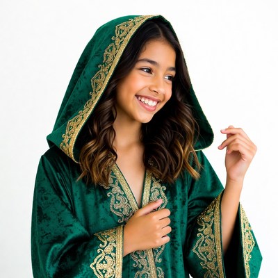 Girl in green embroidered hooded robe
