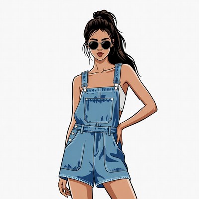 Asian woman in denim overalls illustration