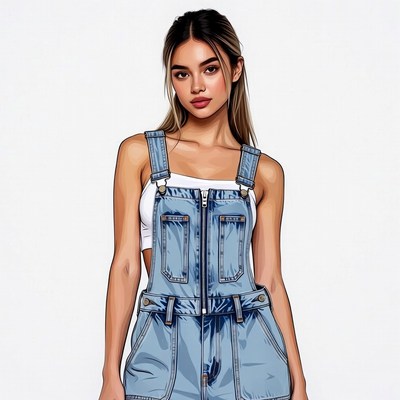 Asian woman in blue denim overalls