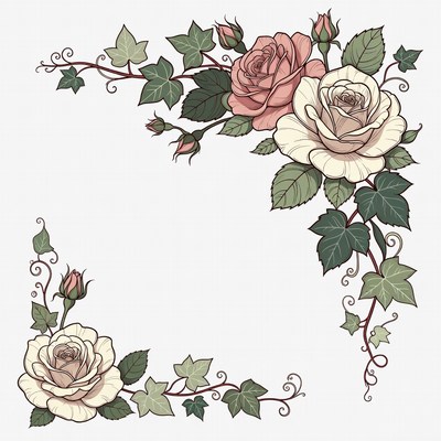 Pink and White Roses Ivy Corner Illustration