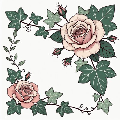 Pink Roses and Ivy Illustration