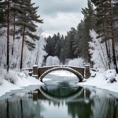 Snowy Stone Bridge Over Frozen River