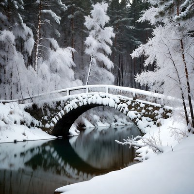 Snowy Stone Bridge Over Winter River