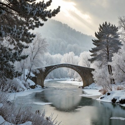 Snowy Stone Arch Bridge over River