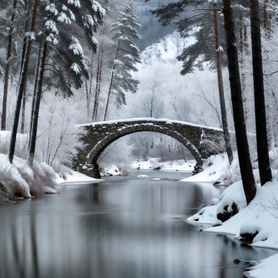 Snowy Stone Arch Bridge in Forest