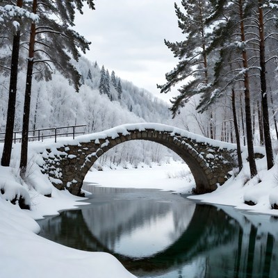 Snowy Stone Bridge Over Frozen River