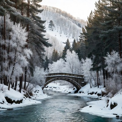 Snowy Stone Bridge Over Winter River